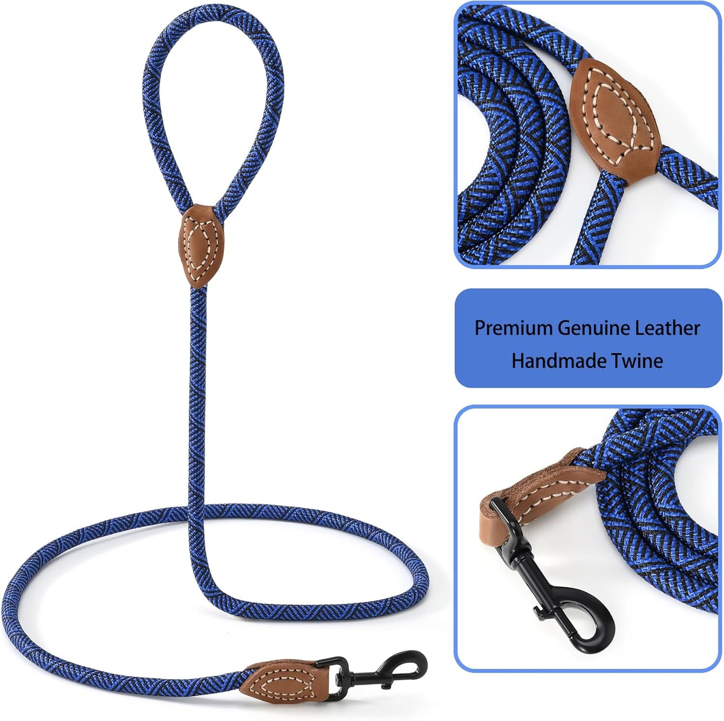 Rope Leash with Genuine Leather Connection, 6 FT/5 FT/4 FT, Heavy Duty Leash for Medium & Large Dogs (Blue, 60 Inch)