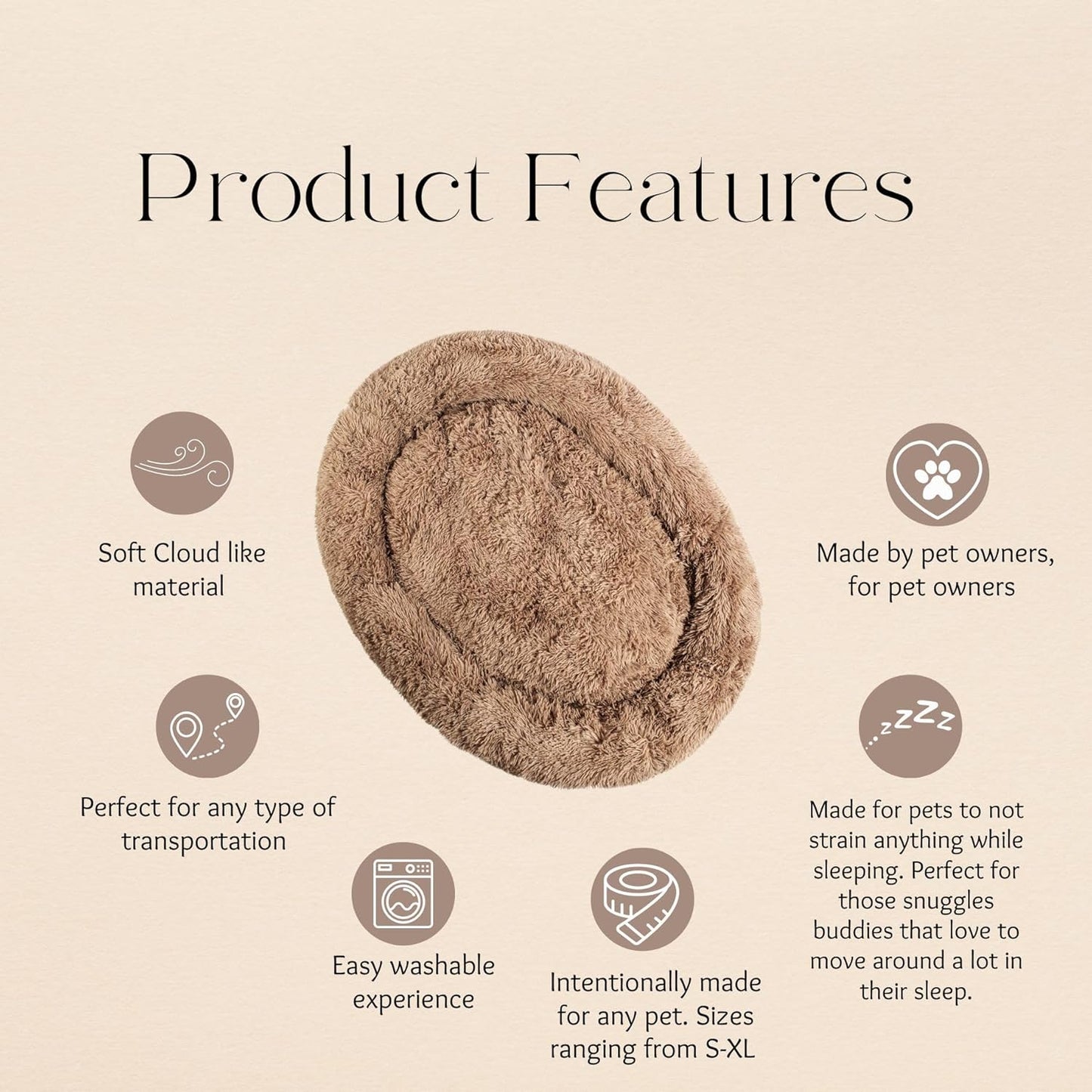 Dog Pet Bed, Donut Cuddler, Small 20X18X6 Inches, All Breeds, Machine Washable, Faux Fur, Beige, Round, Donut (Large)
