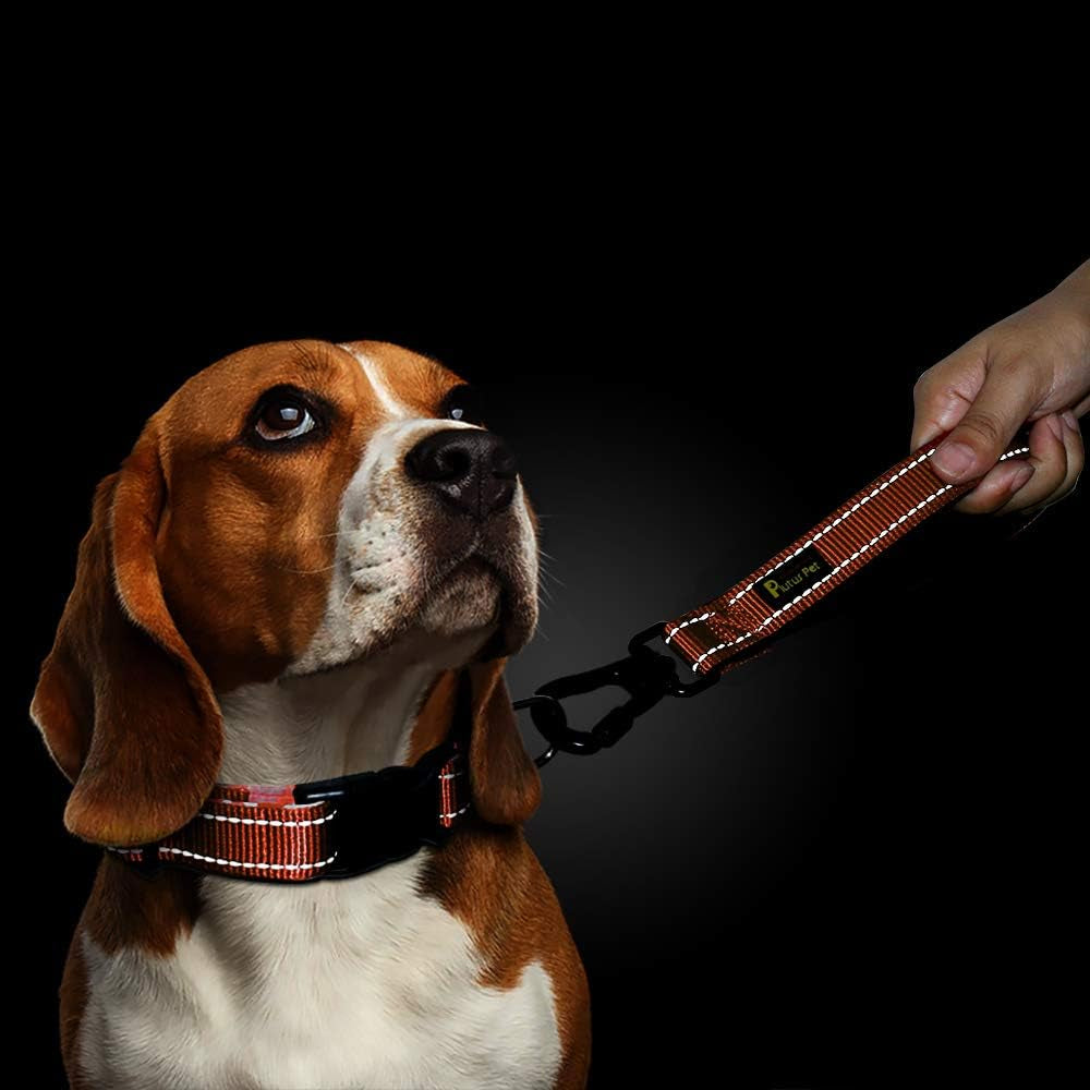 10” Short Dog Leash, Reflective Nylon Padded Handle, Strong Traffic Leash with Carabiner Clip, Perfect for Large or Medium Dogs（10”，Orange