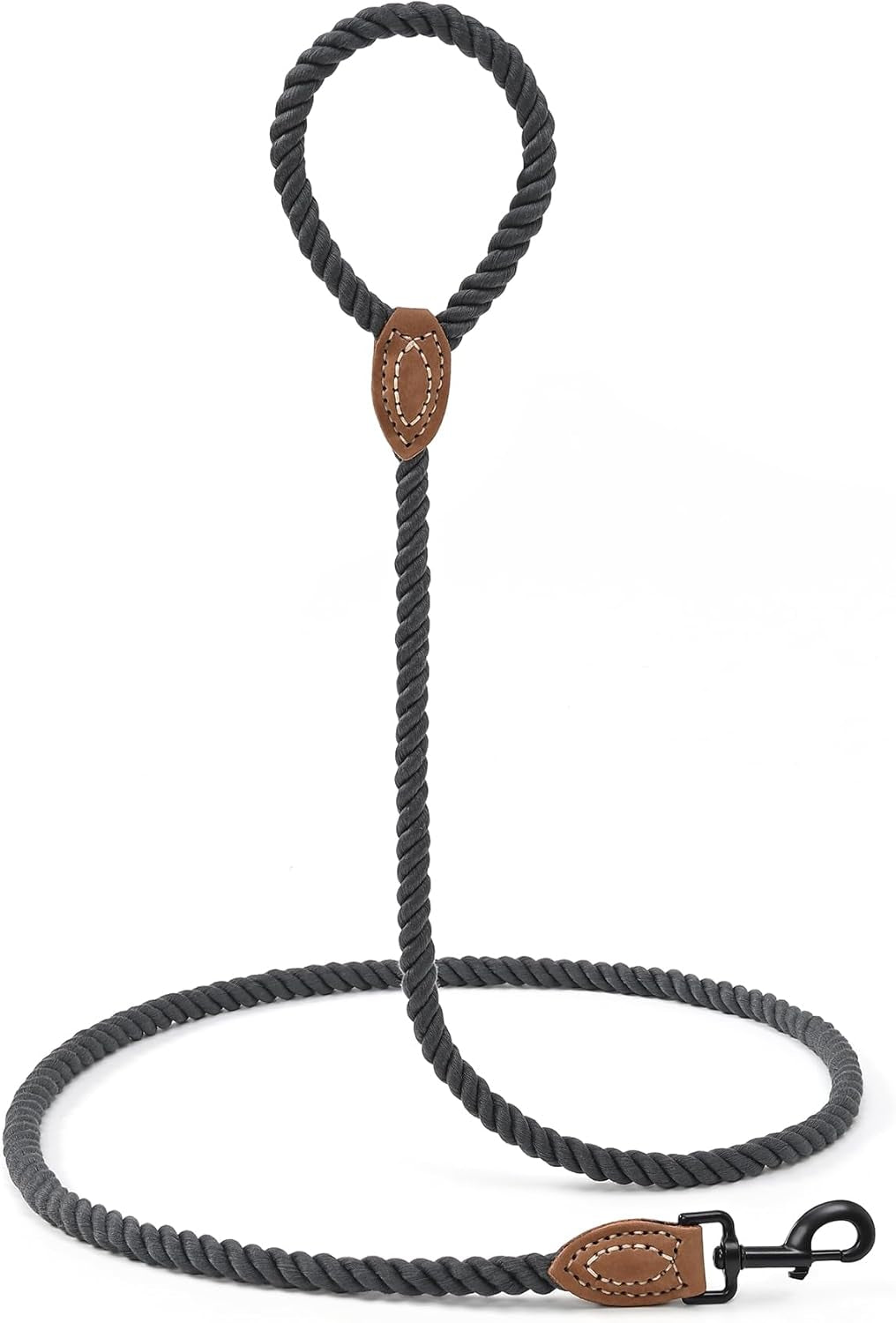 Dog Leash, Braided Cotton Rope Leashes with Leather Tailor Tip with Leather Tip - Heavy Duty Metal Clasp, 4FT, 1/2" Thick - Wedding, Walking for Medium Large Dogs(Dark Gray)