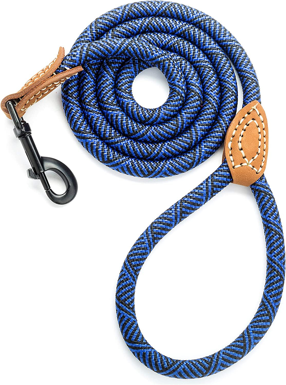 Rope Leash with Genuine Leather Connection, 6 FT/5 FT/4 FT, Heavy Duty Leash for Medium & Large Dogs (Blue, 60 Inch)