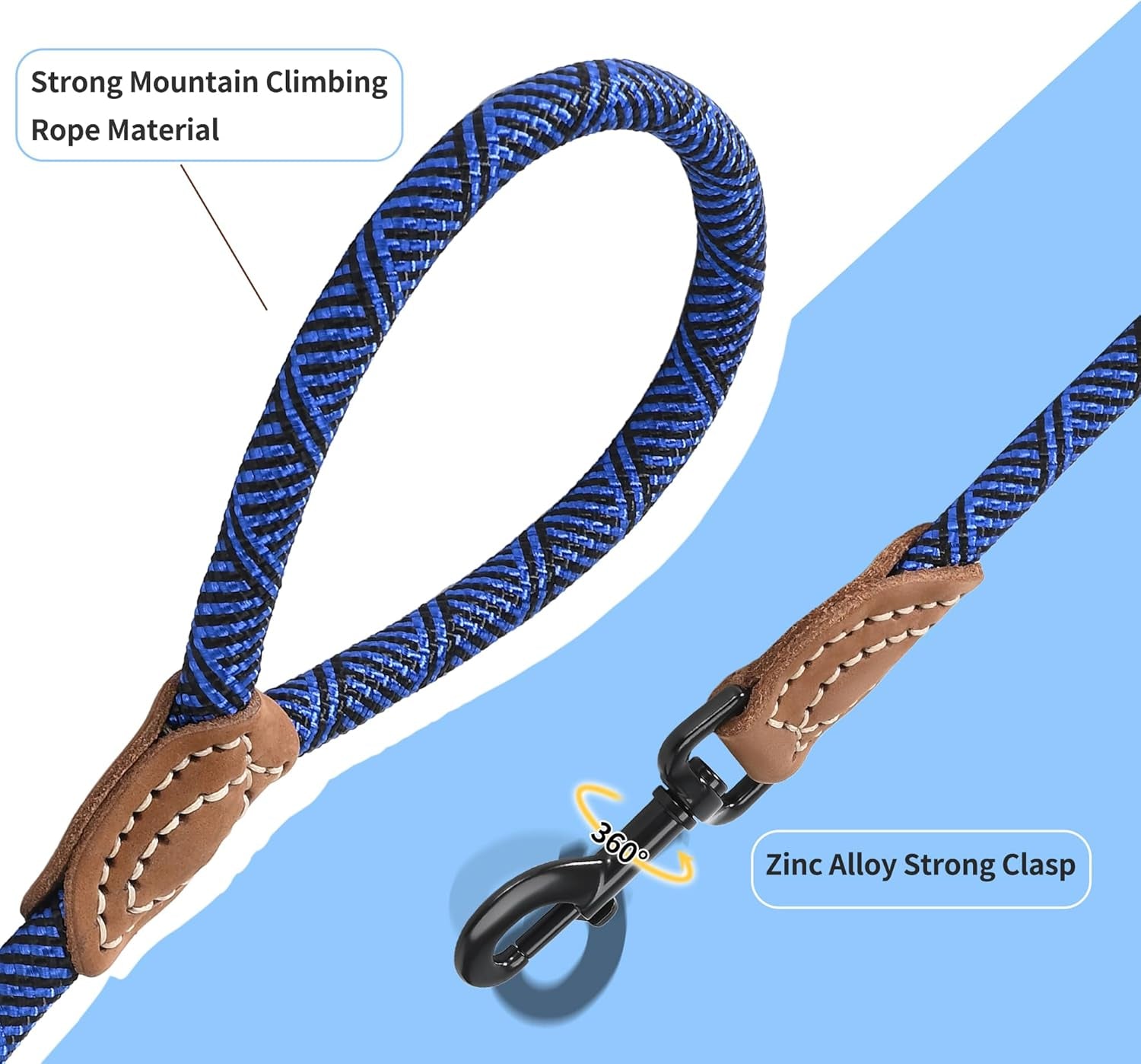 Rope Leash with Genuine Leather Connection, 6 FT/5 FT/4 FT, Heavy Duty Leash for Medium & Large Dogs (Blue, 60 Inch)