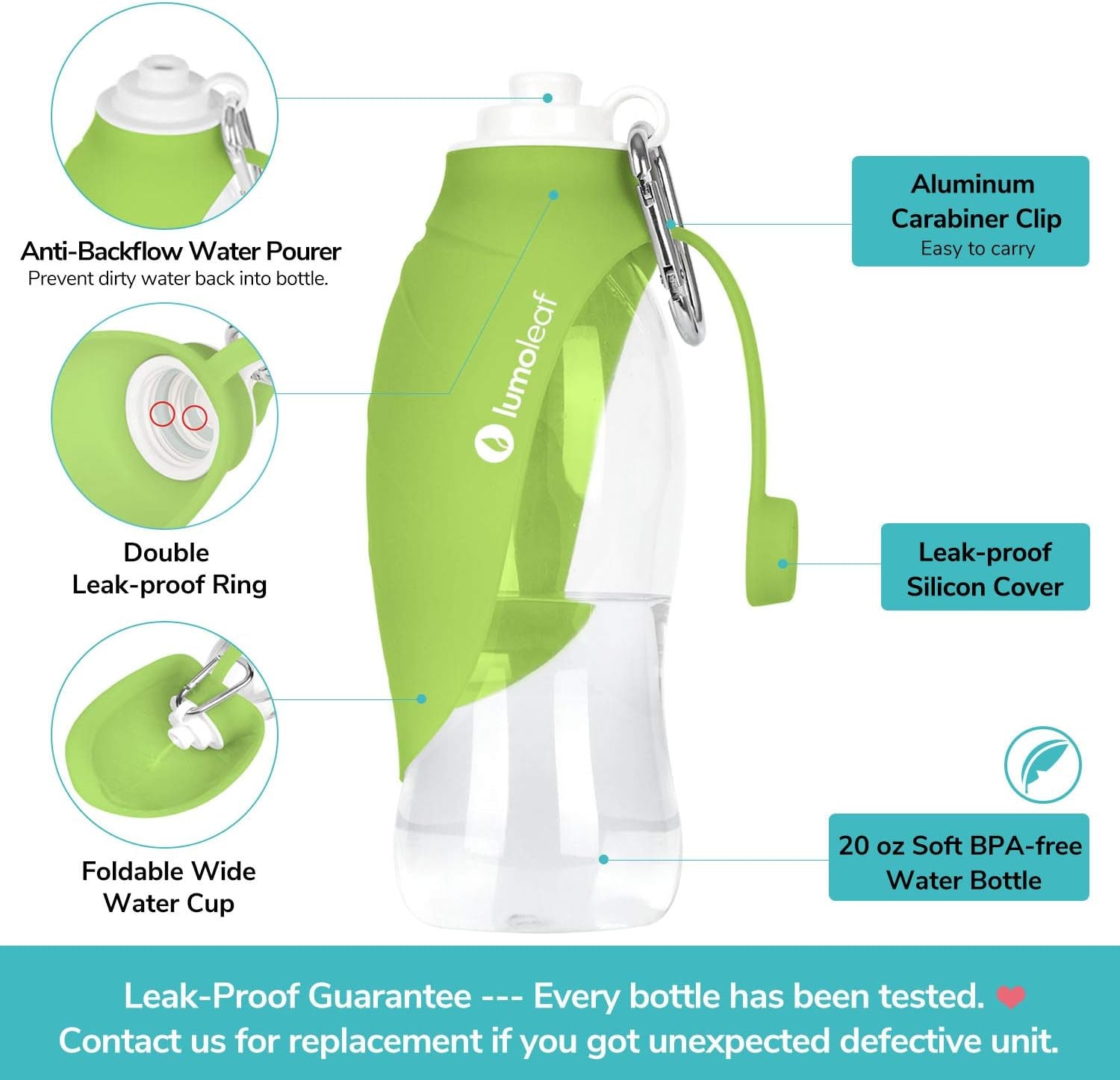 Portable Pet Water Bottle, Reversible & Lightweight Water Dispenser for Dogs and Cats, Made of Food-Grade Silicone (20 Oz) - Green
