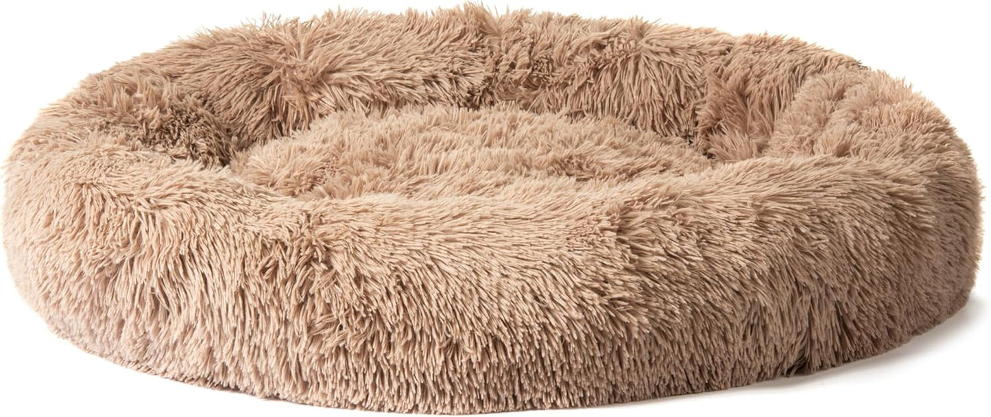 Dog Pet Bed, Donut Cuddler, Small 20X18X6 Inches, All Breeds, Machine Washable, Faux Fur, Beige, Round, Donut (Large)