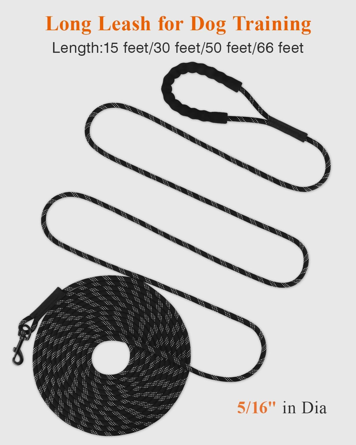 Long Dog Leash, 15FT 30FT 50FT 66FT, Training and Recall Leash with Comfortable Padded Handle for Large Medium Small Dogs Walking, Camping, Black 66FT