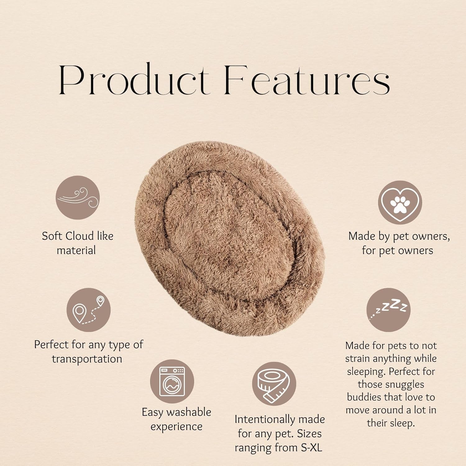 Dog Pet Bed, Donut Cuddler, Small 20X18X6 Inches, All Breeds, Machine Washable, Faux Fur, Beige, Round, Donut (Large)