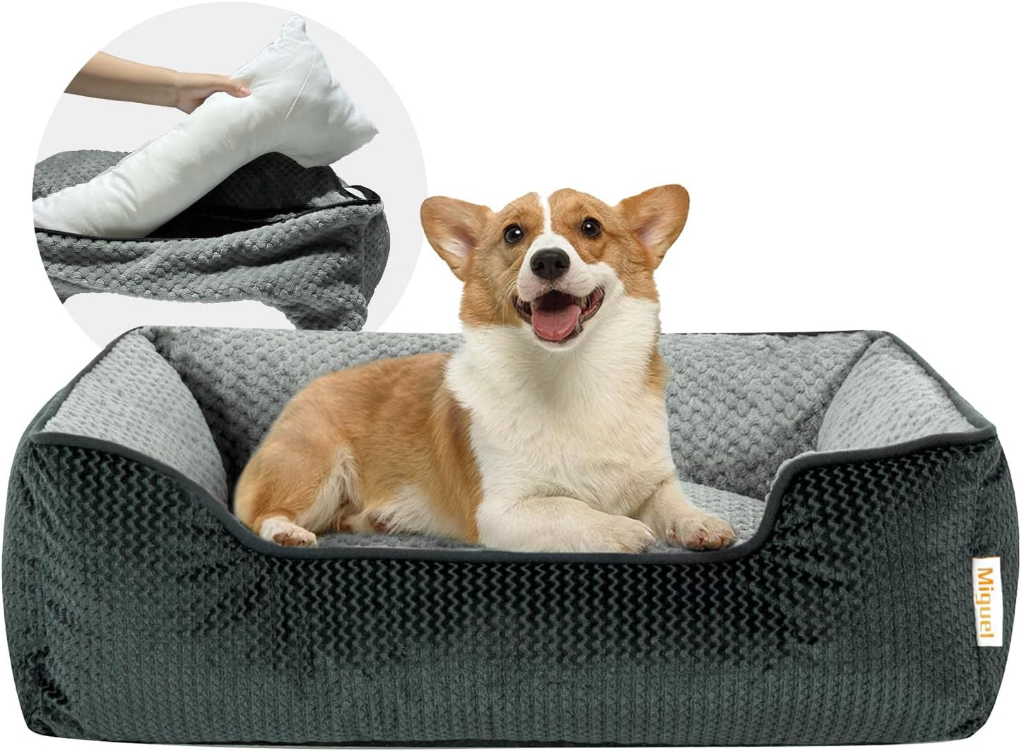 Removable Washable Dog Bed for Medium Dog - Rectangle Pet Bed for Large Cats with Zipper Cover Bolster Cuddle Puppy Bed with Supportive Side Wall Slip-Resistant Bottom, Dark Gray 30 Inch
