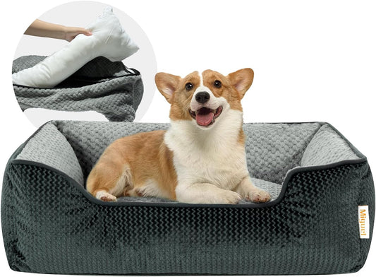 Removable Washable Dog Bed for Medium Dog - Rectangle Pet Bed for Large Cats with Zipper Cover Bolster Cuddle Puppy Bed with Supportive Side Wall Slip-Resistant Bottom, Dark Gray 30 Inch