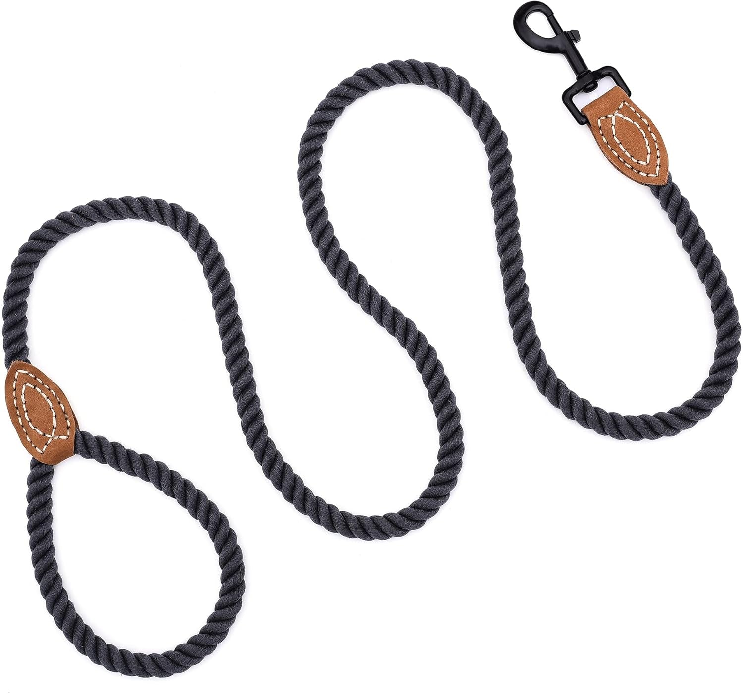 Dog Leash, Braided Cotton Rope Leashes with Leather Tailor Tip with Leather Tip - Heavy Duty Metal Clasp, 4FT, 1/2" Thick - Wedding, Walking for Medium Large Dogs(Dark Gray)