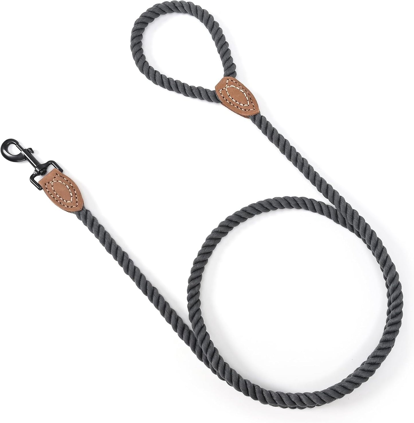Dog Leash, Braided Cotton Rope Leashes with Leather Tailor Tip with Leather Tip - Heavy Duty Metal Clasp, 4FT, 1/2" Thick - Wedding, Walking for Medium Large Dogs(Dark Gray)