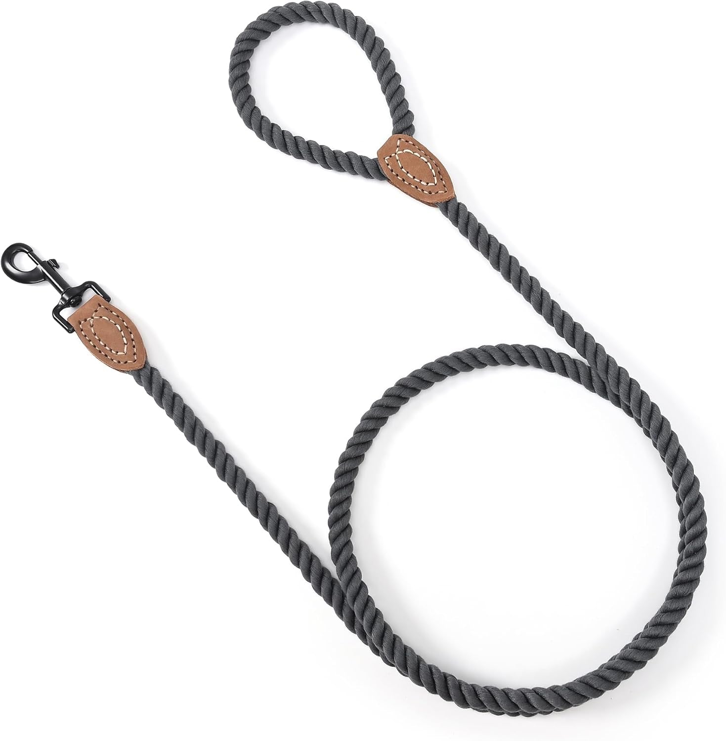 Dog Leash, Braided Cotton Rope Leashes with Leather Tailor Tip with Leather Tip - Heavy Duty Metal Clasp, 4FT, 1/2" Thick - Wedding, Walking for Medium Large Dogs(Dark Gray)