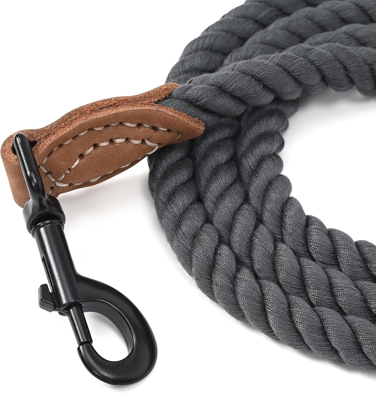 Dog Leash, Braided Cotton Rope Leashes with Leather Tailor Tip with Leather Tip - Heavy Duty Metal Clasp, 4FT, 1/2" Thick - Wedding, Walking for Medium Large Dogs(Dark Gray)