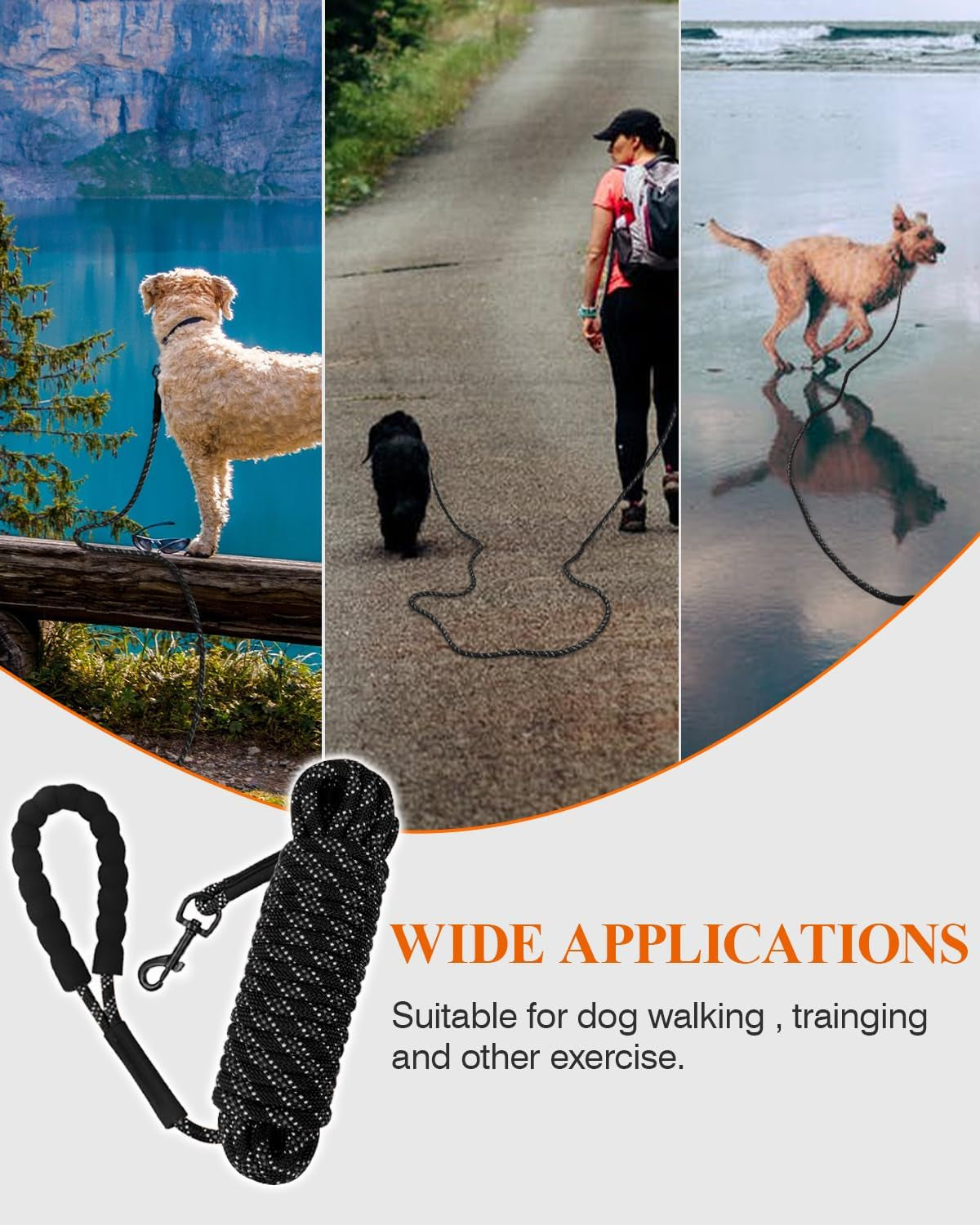 Long Dog Leash, 15FT 30FT 50FT 66FT, Training and Recall Leash with Comfortable Padded Handle for Large Medium Small Dogs Walking, Camping, Black 66FT