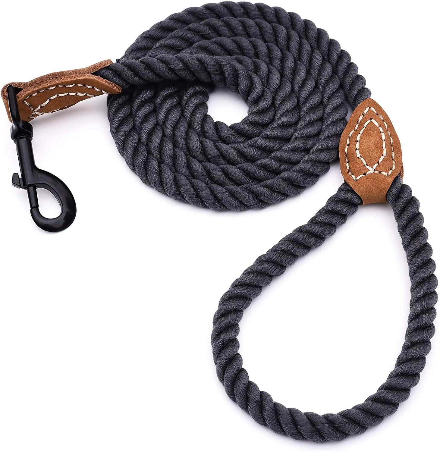 Dog Leash, Braided Cotton Rope Leashes with Leather Tailor Tip with Leather Tip - Heavy Duty Metal Clasp, 4FT, 1/2" Thick - Wedding, Walking for Medium Large Dogs(Dark Gray)